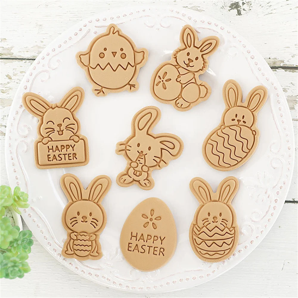 8Pc DIY Easter Cookie Biscuit Mold Cartoon Bunny Egg Cookie Cutters Rabbit Baking Fondant Mold Stamp Cake Decorating Baking Tool