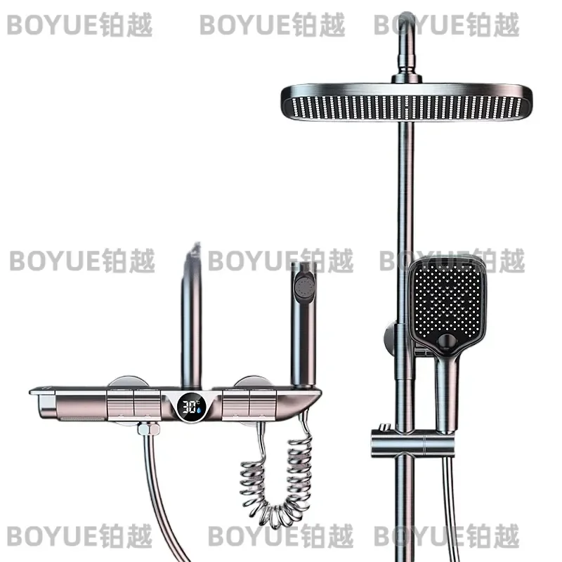 Grey Piano Key Thermostatic Shower Set Digital Display Rainfall Head Concealed Wall Mounted Bathroom Bathing System