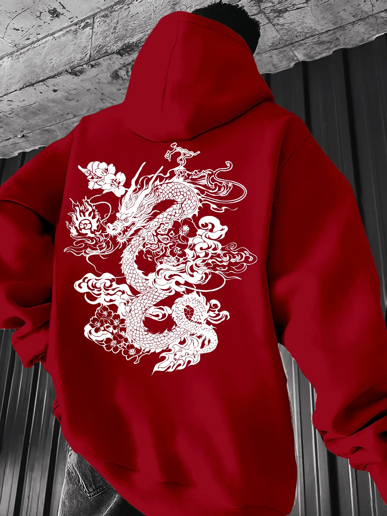 Мужская повседневная спортивная одежда с капюшоном и геометрическим узором дракона. Слегка эластичная, стандартного кроя на весну и осень.