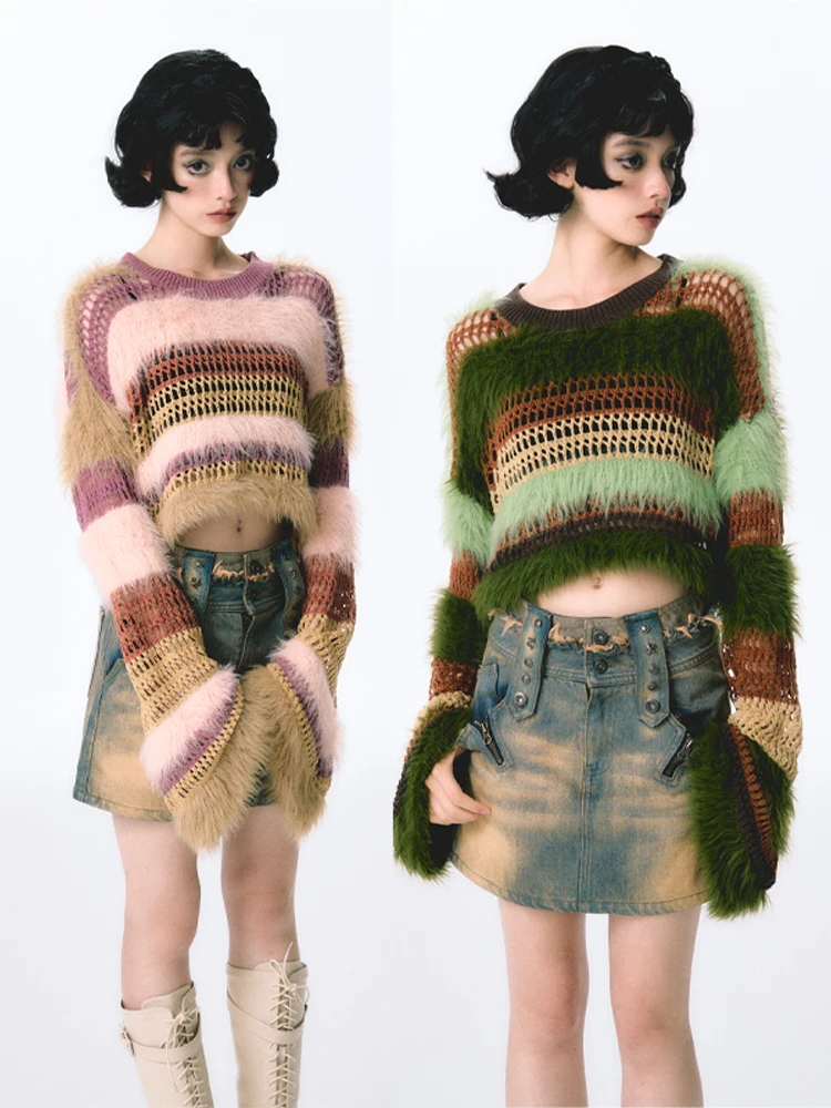 

Loose Fit ort Knitwear Patchwork Design Low round Ne Long Sve Cotton Blend Faux Fur Vest Spring Summer Autumn Women
