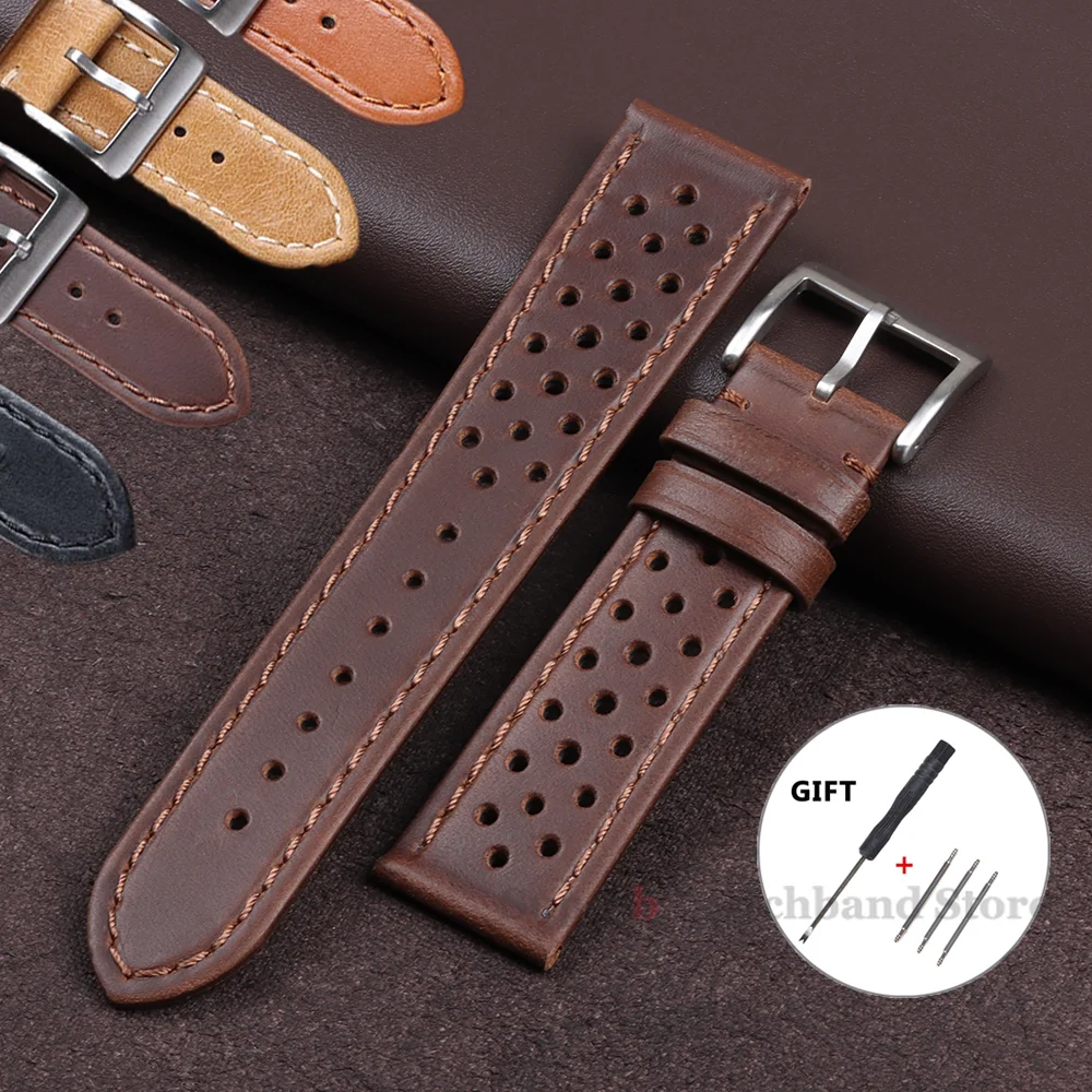 빈티지 정품 가죽 스트랩 남성 여성 18mm 20mm 22mm 유니버설 소 가죽 시계 밴드 통기성 팔찌 스포츠 손목 벨트 액세서리
