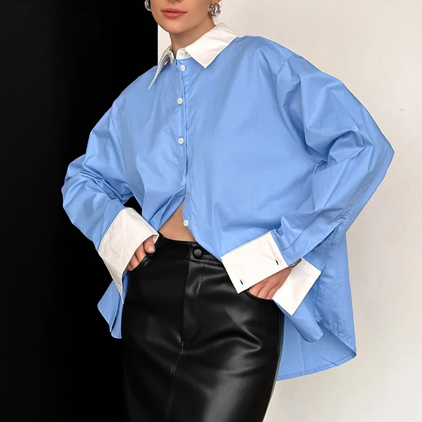 

Blue White Contrasting Color Casual Women's Shirt Autumn New French Lapel Pure Cotton Long-sleeved Shirt With Women's Clothing
