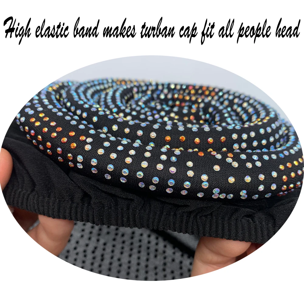 2024 Summer Women's Turban Cap with Padded Diamonds Elastic Muslim Headscarf Bonnet African Female Head Wraps Turbante Mujer