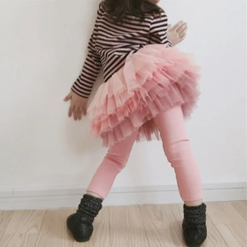 Girls Tutu Skirt Leggings Ruffle Tulle Skirt Skinny Layered Skirt Pants Gradient Color Tights Pantskirt 2-8T