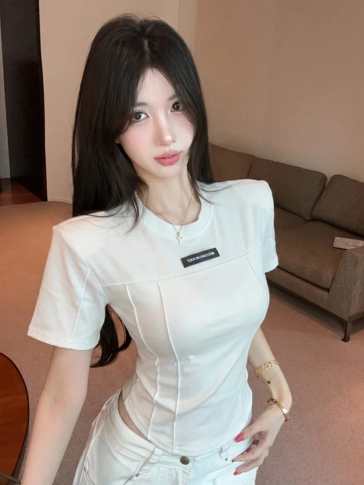 

Korean Style Short Sleeve T-Shirt Women's Label Stick Straight Shoulder High Waist Skin Friendly Breathable Summer New Arrival