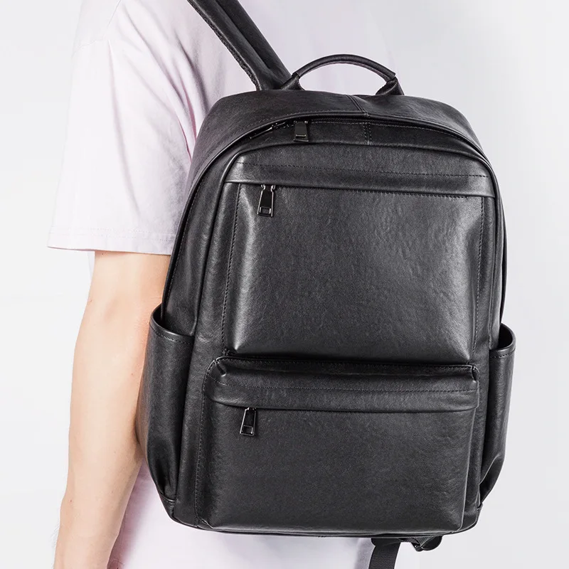 Men Classic Backpack for School Travel Bag Black Genuine Leather Men's Fashion Laptop Bags Boys Korean Schoolbag Backpacks