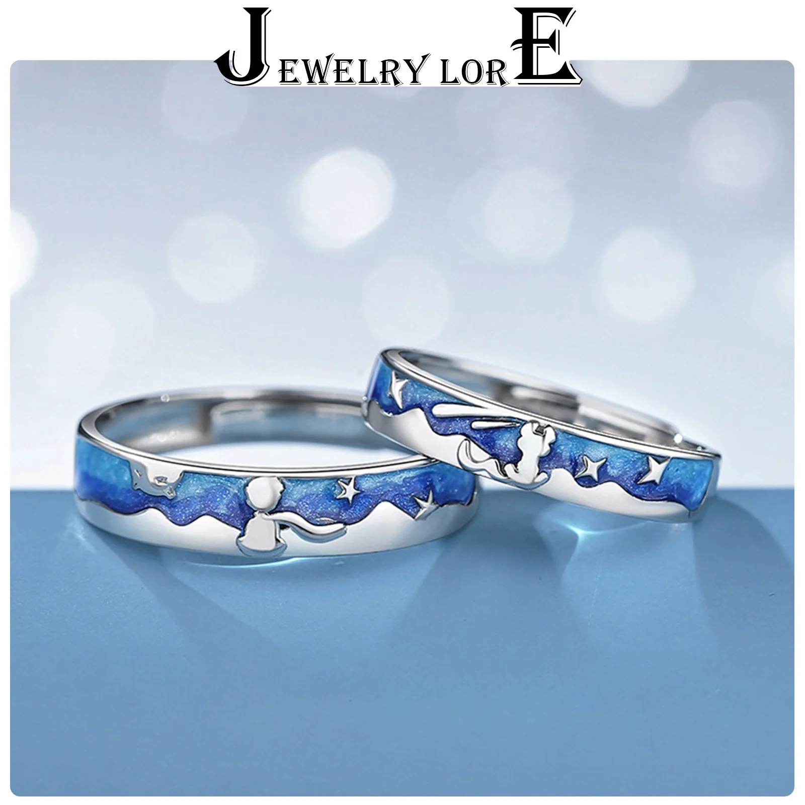Adjustable Open Couple Rings Deep Blue Starry Sky Silhouette Enamel Matching Ring Set