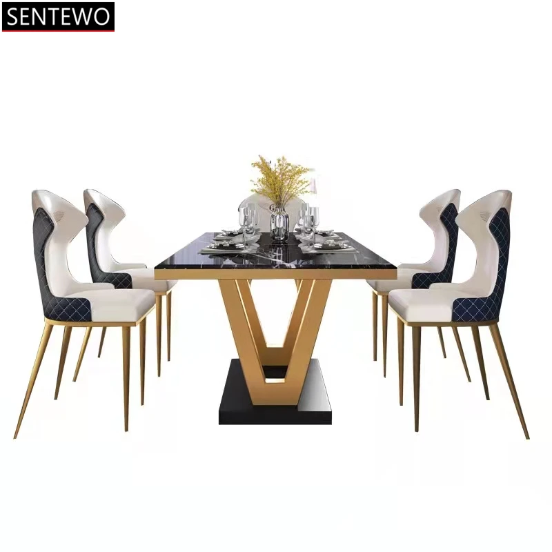 Ltalian Marble Dinning Table and 4 6 Chairs Set Marmol Tables Stainless Steel Gold Plating Base Mesas De Comedor Grandes Sillas