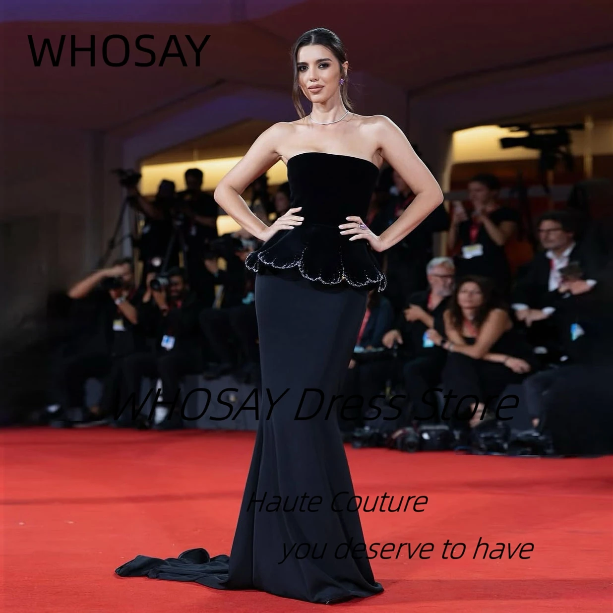 

WHOSAY Знаменитости Женское платье для красной ковровой дорожки без бретелек из бисера Пром платья на шнуровке сзади с скользящим шлейфом Вечерние платья по индивидуальному заказу