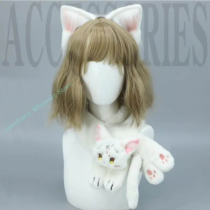 R7uf Furry Kitten Plush Scarf Girl Animation Costume Props Neckerchief Foto Neckwear