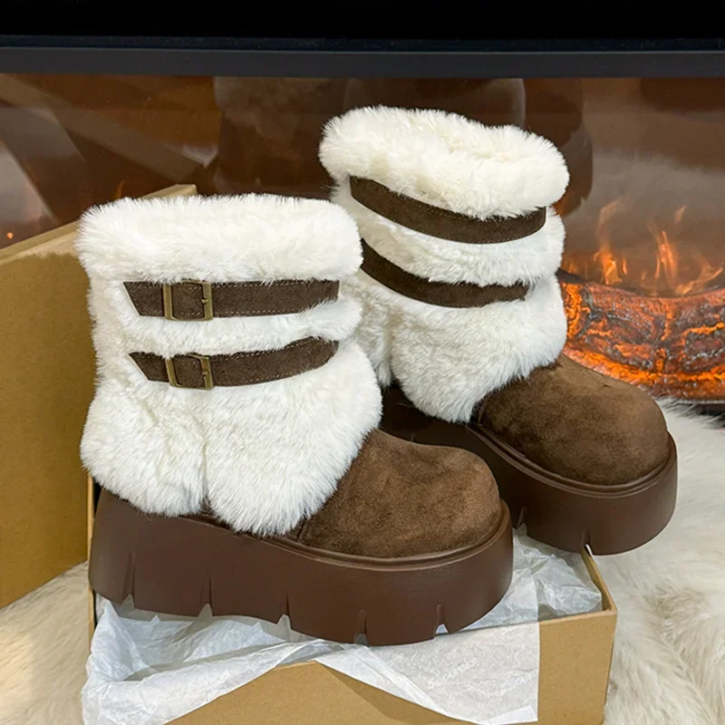 Women Fur Snow Boots Flats Platform Suede Shoes for Woman Trend Fad Ankle Boots New Walking Warm Short Plush Boots Mujer