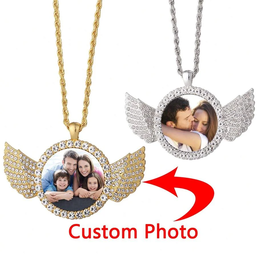 

Personalised heart-shaped wings necklace, custom photo necklace, DIY gift, commemorative present