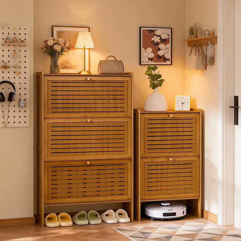 Minimally ultra-thin wooden shoe cabinet, modern multi-layer flip bucket shoe rack, bamboo louvered door wall storage cabinet