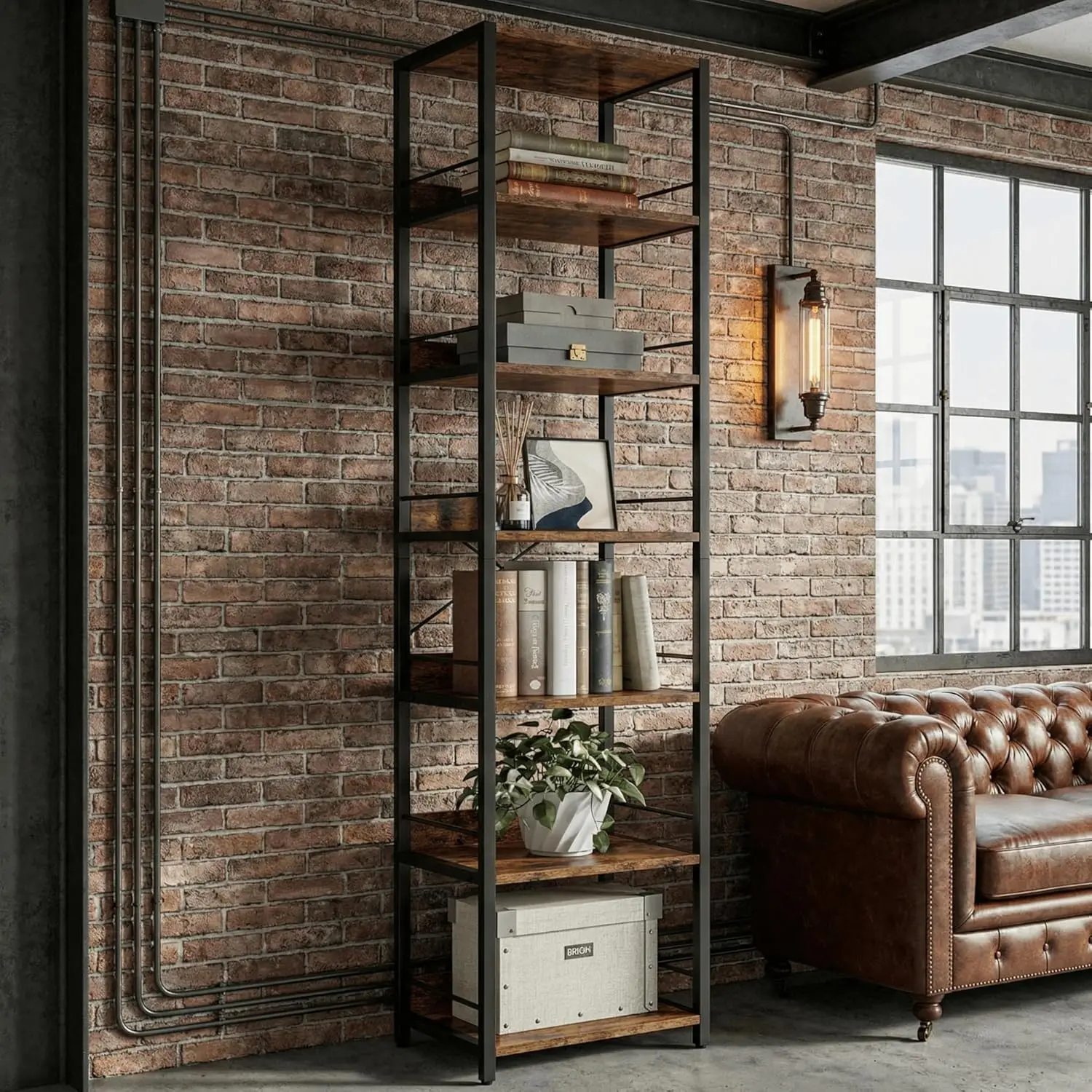 75" Tall Narrow Book Shelf, 6-Tier Open Corner Bookshelf, Industrial Metal Frame Square Display Storage Rack, Rustic Brown