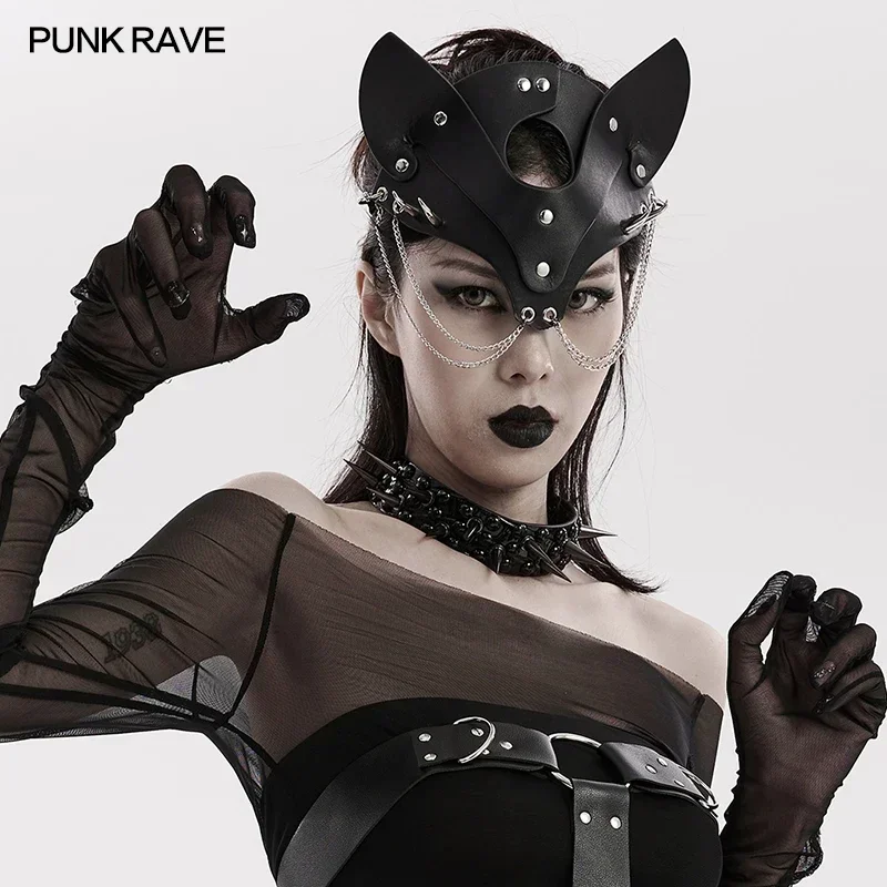 PUNK RAVE-mascarilla Punk de piel sintética para mujer, máscara de zorro, cuerda elástica ajustable, accesorios sexys para Halloween, Cosplay