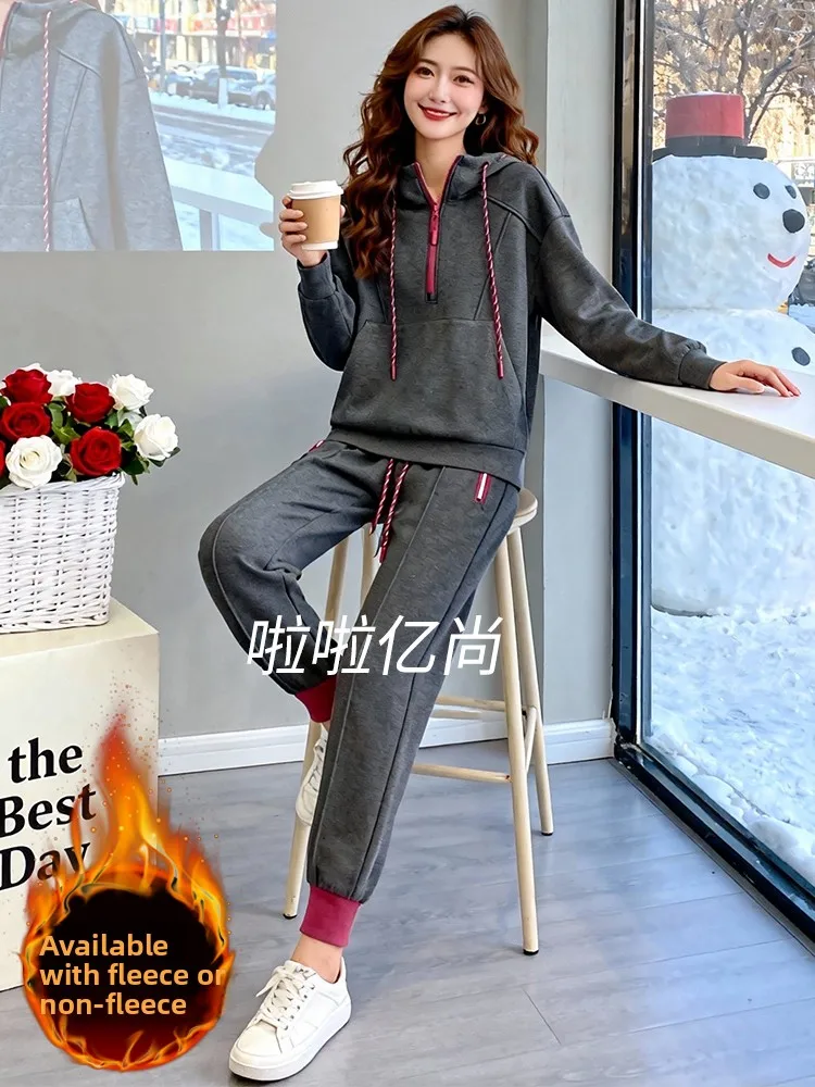 

Casual Sportswear Set Women's Fleece Lined Hoodie And Pants Two Piece Gray Outfit Comfortable High Waist Wide Leg