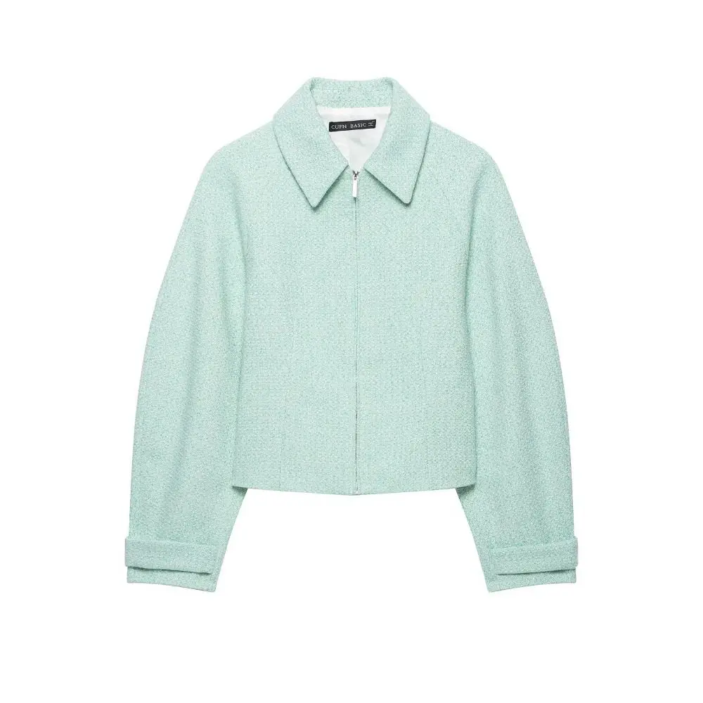 Textured Finish Cropped Jacket Turn-Down Collar Zip Front Textured Jacket Cropped Silhouette Relaxed Fit Casual Outerwear