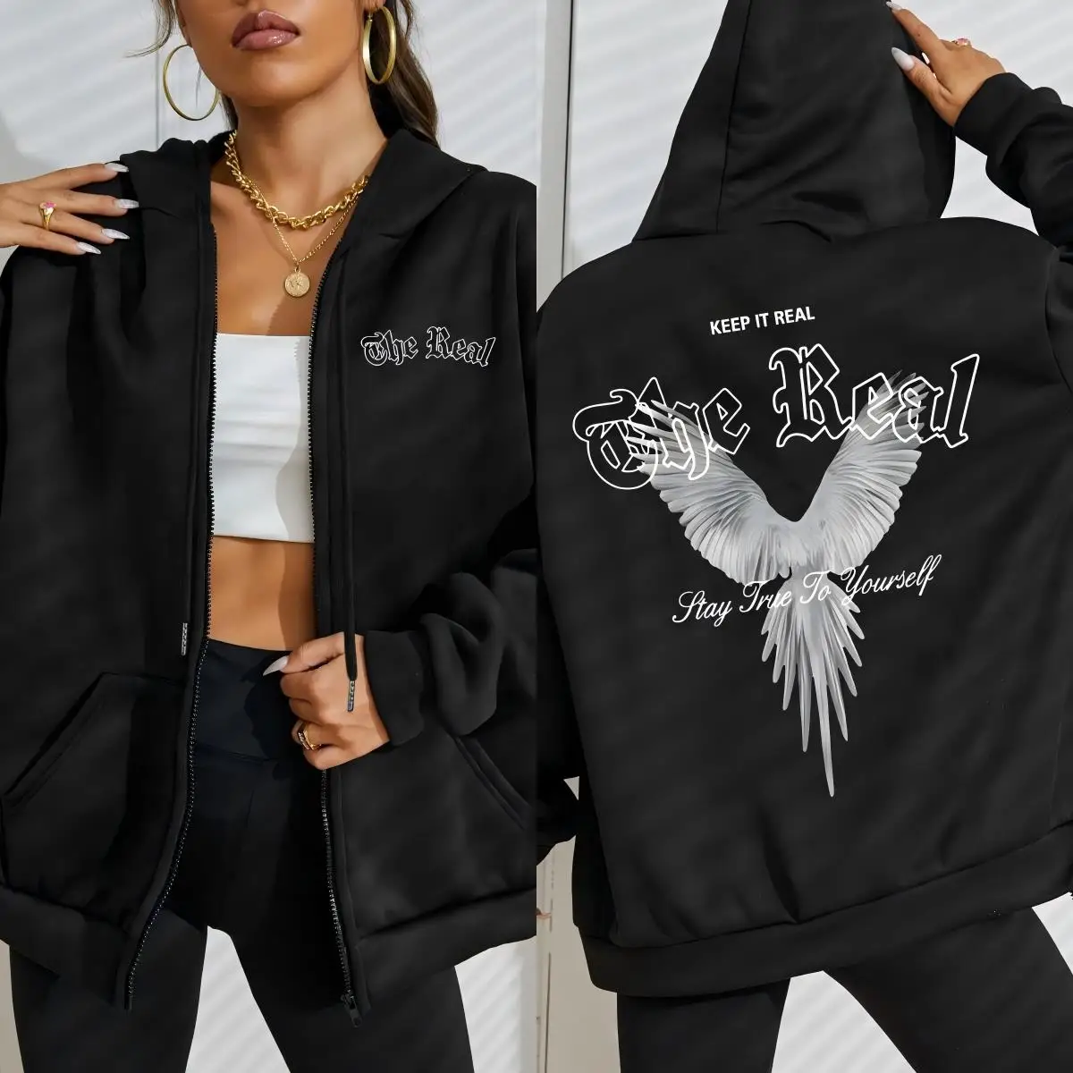 Keep It The Real Wings Creative Printing Zipper Hoodie Women Autumn Loose Hoody Casual Fleece Sportswear Hip Hop Clothing