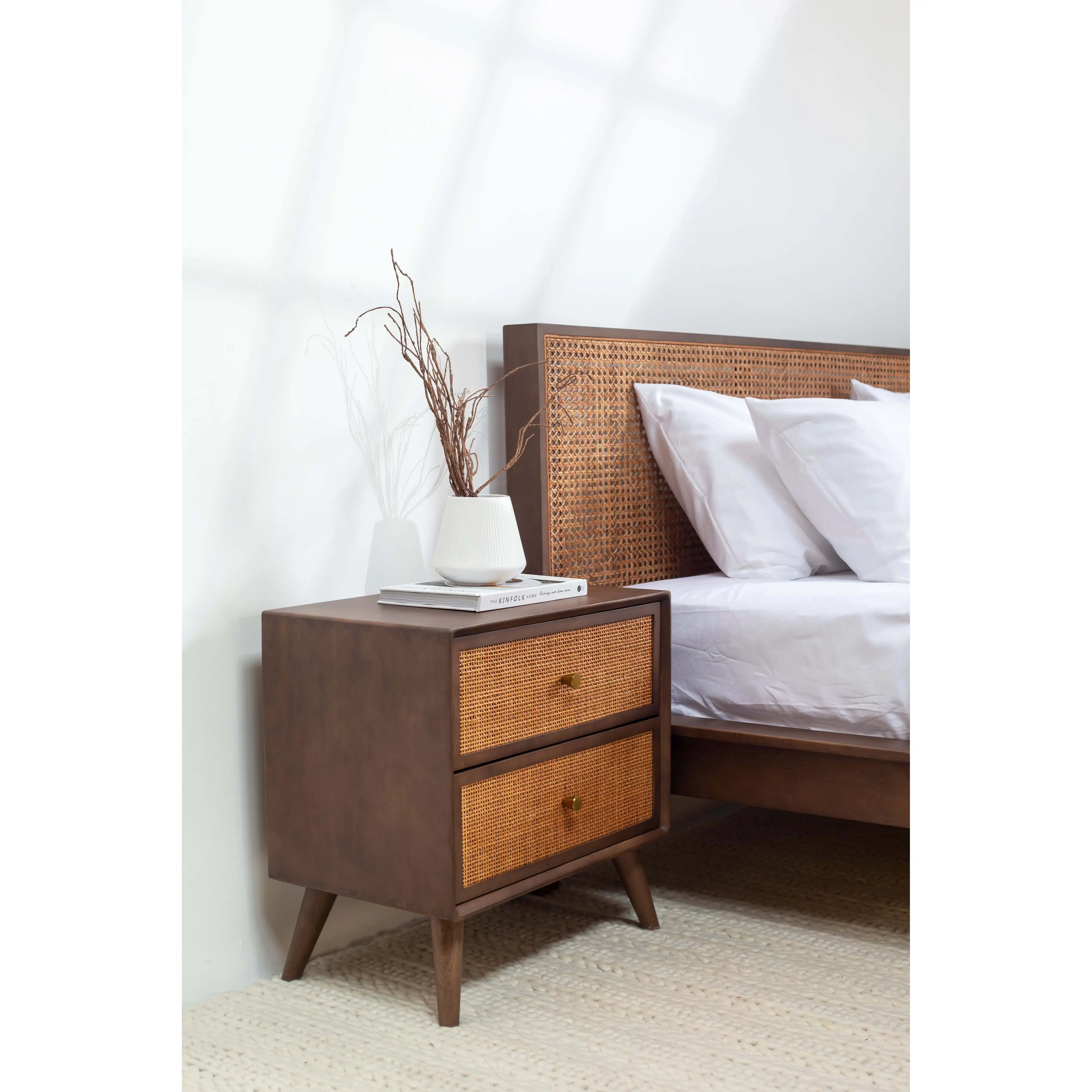

Dark Wood Bedside Table with Rattan Detail Rin Bedroom Furniture