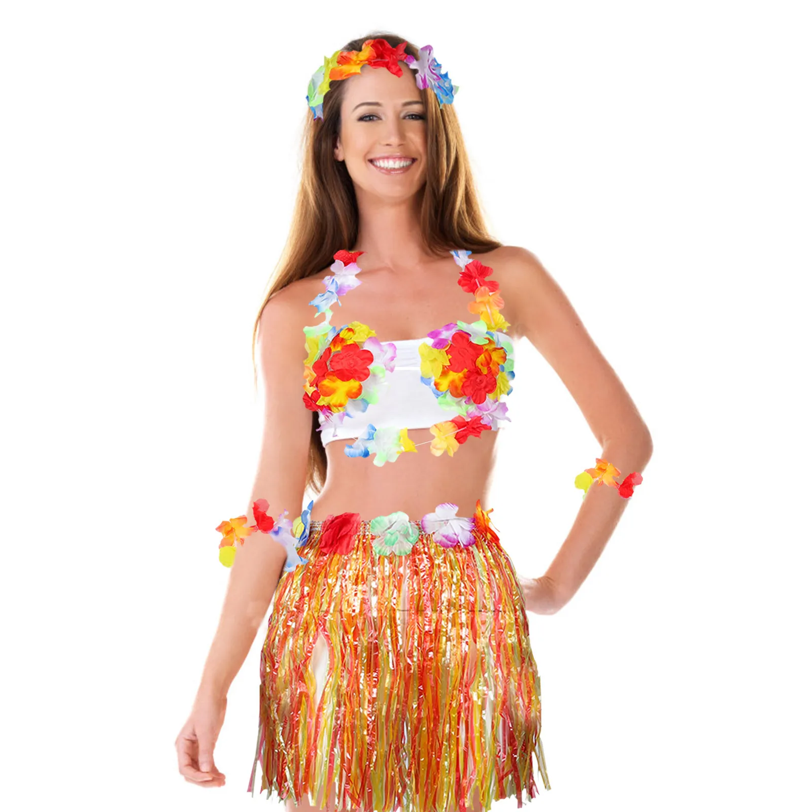 

6Pcs Grass Skirt Set Hawaii Tropical Party Outfit with Matching Flower Accessories Easy Wear Elastic Waist Perfect for Luau