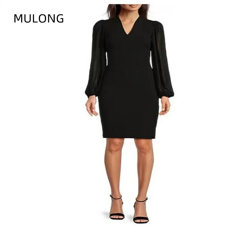 MULONG Women Farmal Short  Mother Of The Bride Dresses For Weddings Chiffon V Neck Long Sleeve Sheath Knee Length Mother Gowns