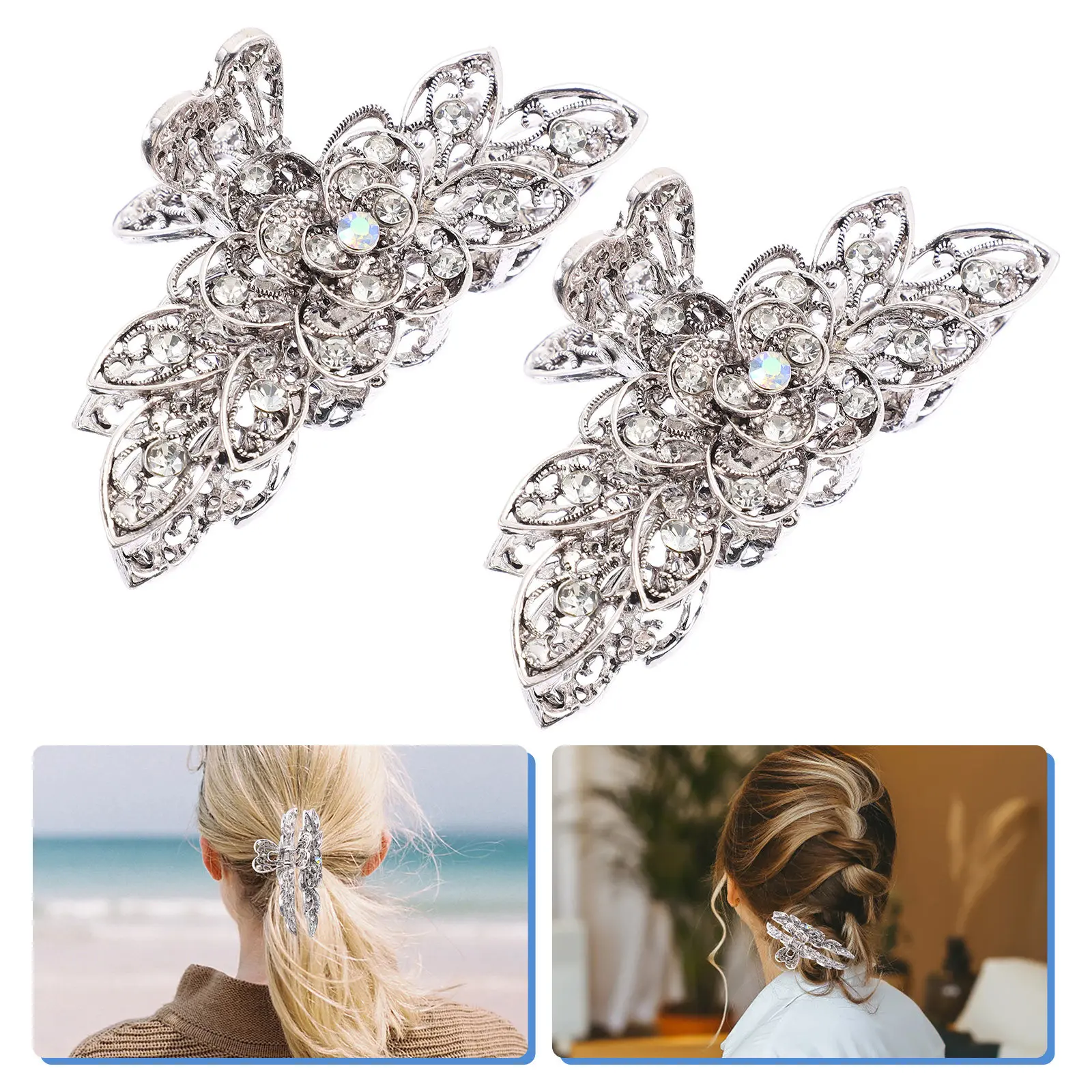 Retro Rhinestone Hair Claw Clips for Women – Vintage Flower Jaw Clip Set, 2 Pieces