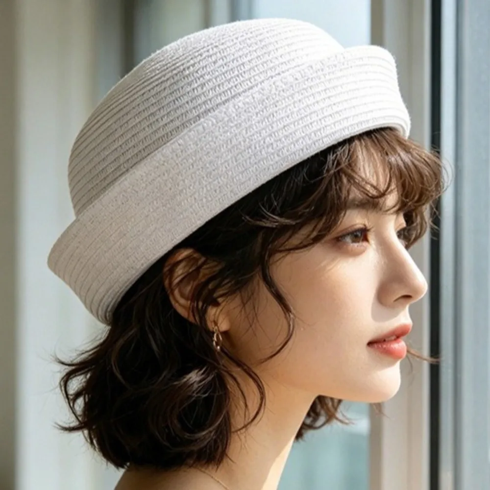 New Solid Women's Straw Pillbox Hat Round Shape Structured Crown Brimless Cap Vintage Style Women Sun Hat for Women