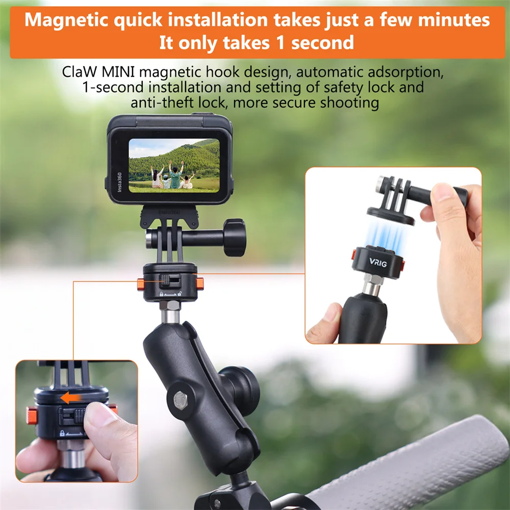 VRIG Supporto per fotocamera con morsetto per manubrio moto con testa a sfera 360 magnetica a sgancio rapido per fotocamera GoPro DJI Action Insta360