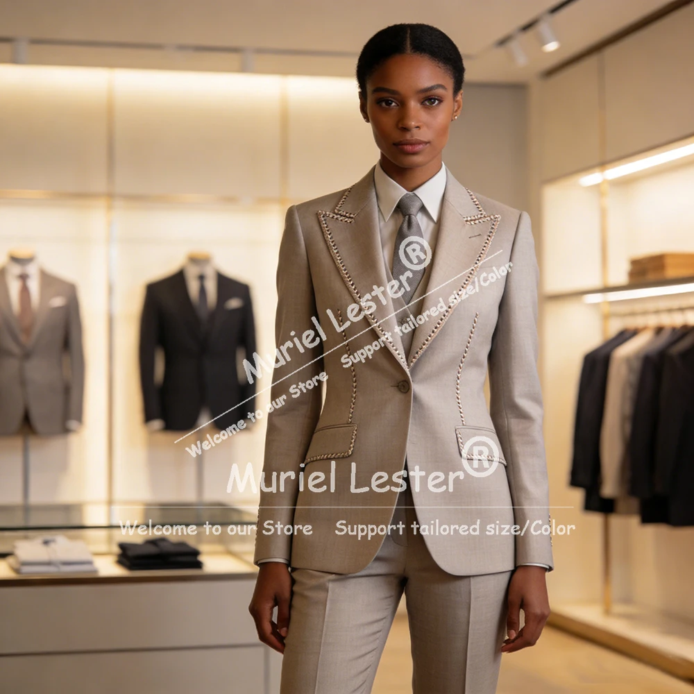 Elegant Beading Crystals Suits Women 3 Piece Set Female Business Party Attire Customized Single Breasted Prom Blazer Lady Tuxedo