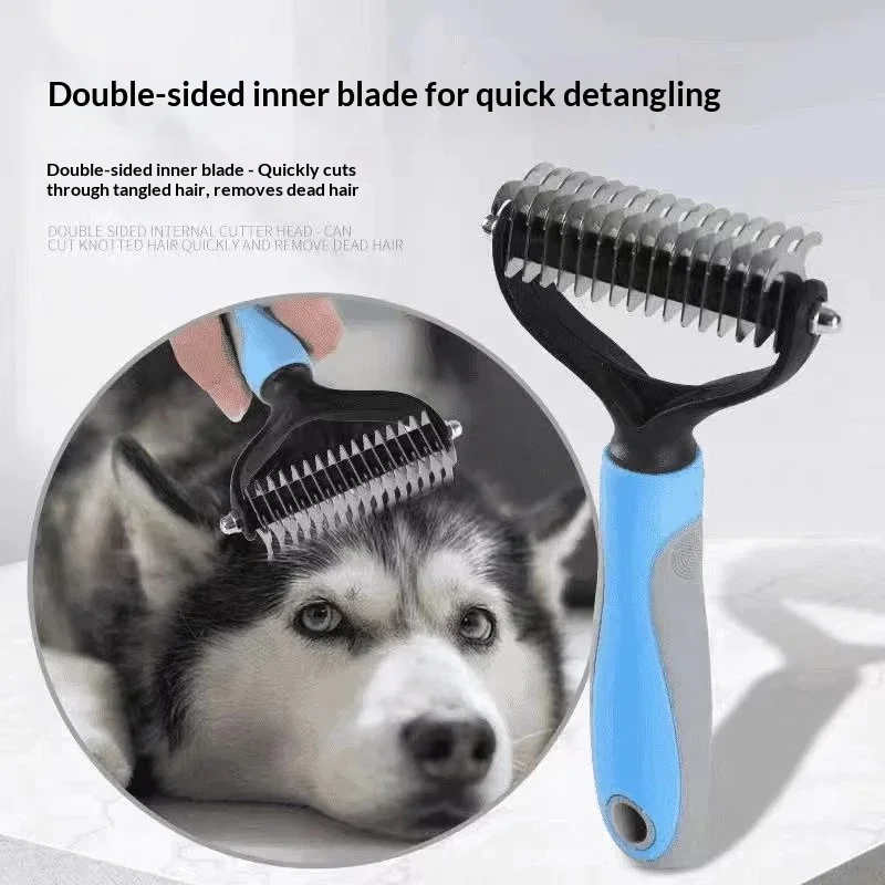 Rastrillo para desenredar el pelo de mascotas con cuchillas dentadas de acero inoxidable y un mango ergonómico de goma antideslizante; elimina eficazmente el pelo enredado y el subpelo suelto, lo que lo convierte en adecuado para el aseo diario en el hogar de gatos y perros medianos a grandes.