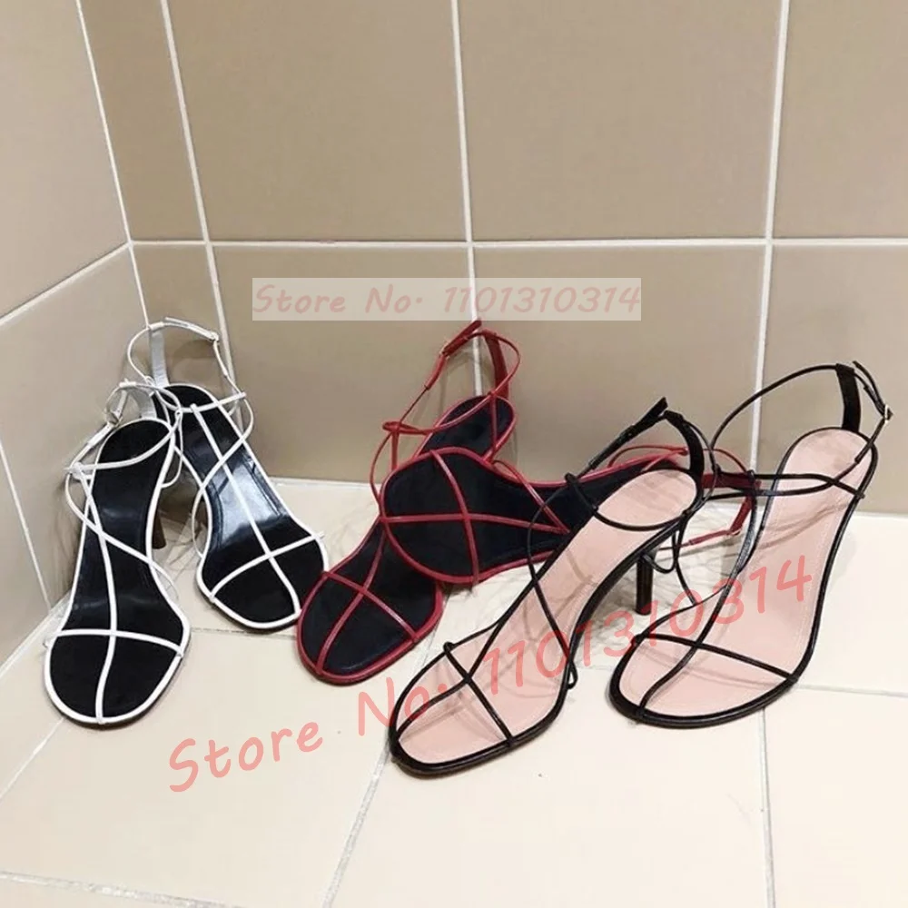 Red Thong Heels Women Sandals Summer Sexy Ankle Strap Cut-out T-strap Gladiator Sandals Lady Tie-up Concise Trending Dress Shoes