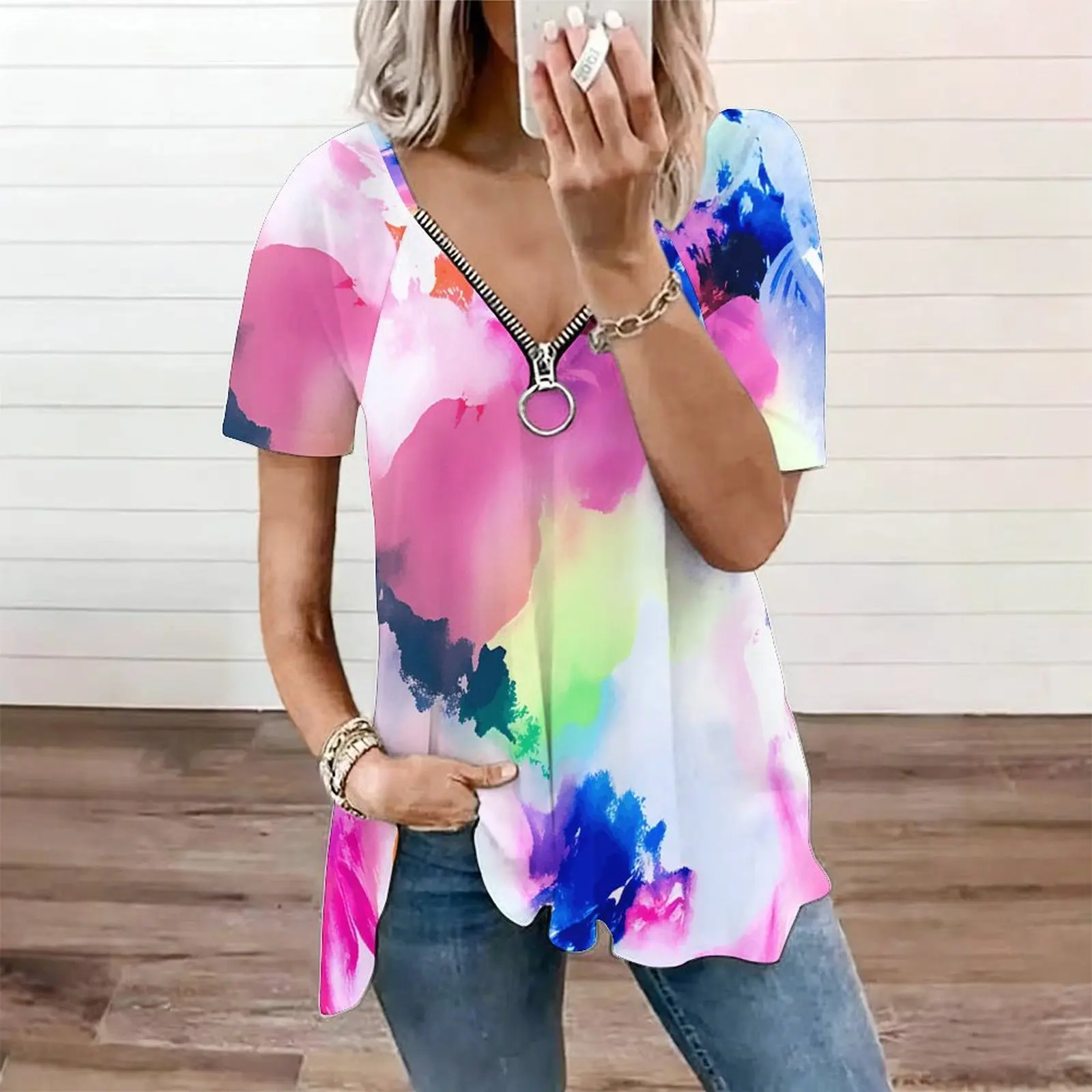 Boho Purple Blue Paisley Floral Print Women Zip Front V Neck Flowy Irregular Hem Blouse Tunic