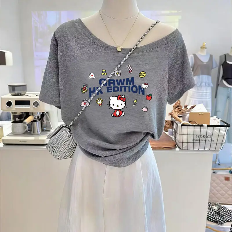 Short-Sleeved T-Shirt Hello Kitty Slanted Shoulder Cartoon Print Design One-Shoulder Temperament New Female Spring Summer Ins