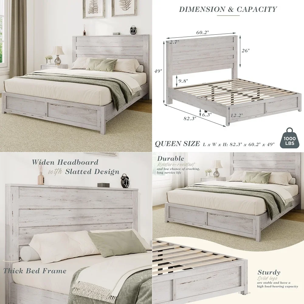 

Farmhouse Queen Size Bed Frame with 49 Slatted Headboard, Platform Bed with Wood Slat Support No Box Spring Needed Easy Assembl