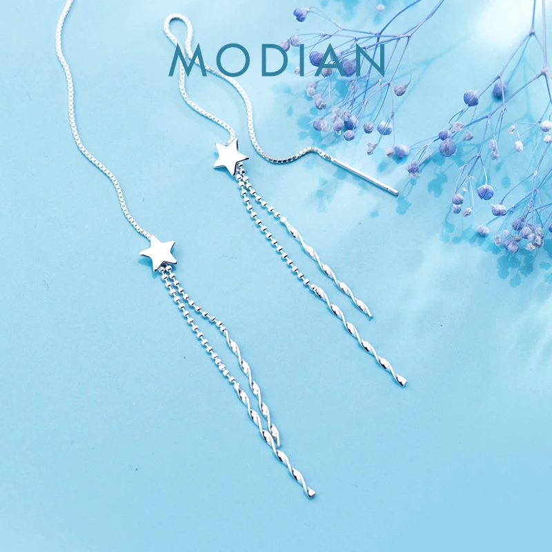 

Модные очаровательные серьги-капли Modian с длинной кисточкой и звездами из стерлингового серебра 925 пробы, корейские Висячие серьги для женщин, вечерние ювелирные изделия для девочек