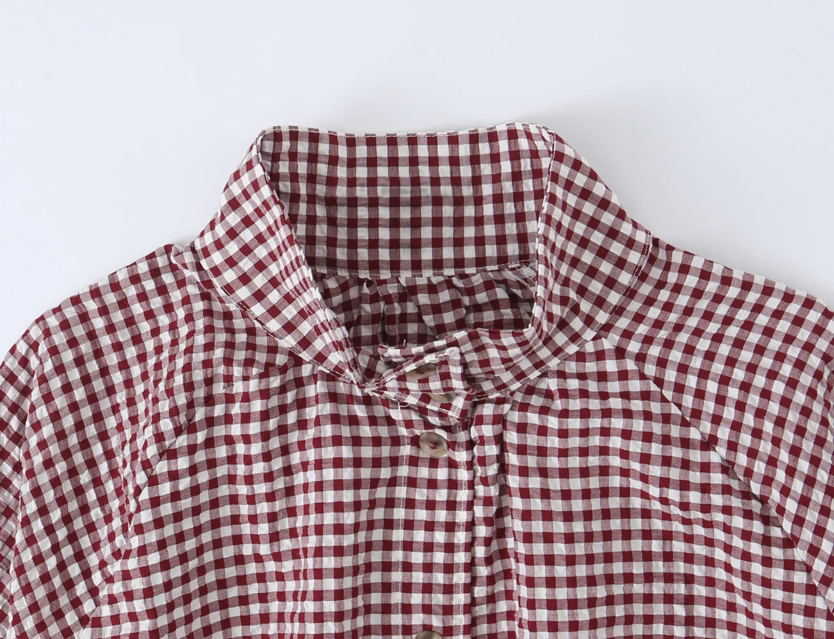 BSAY New Ladies Cropped Gingham Plaid Outerwear Stand Collar Long Puff Sleeve Button Up Drawstring Hem Casual Loose Check Jacket