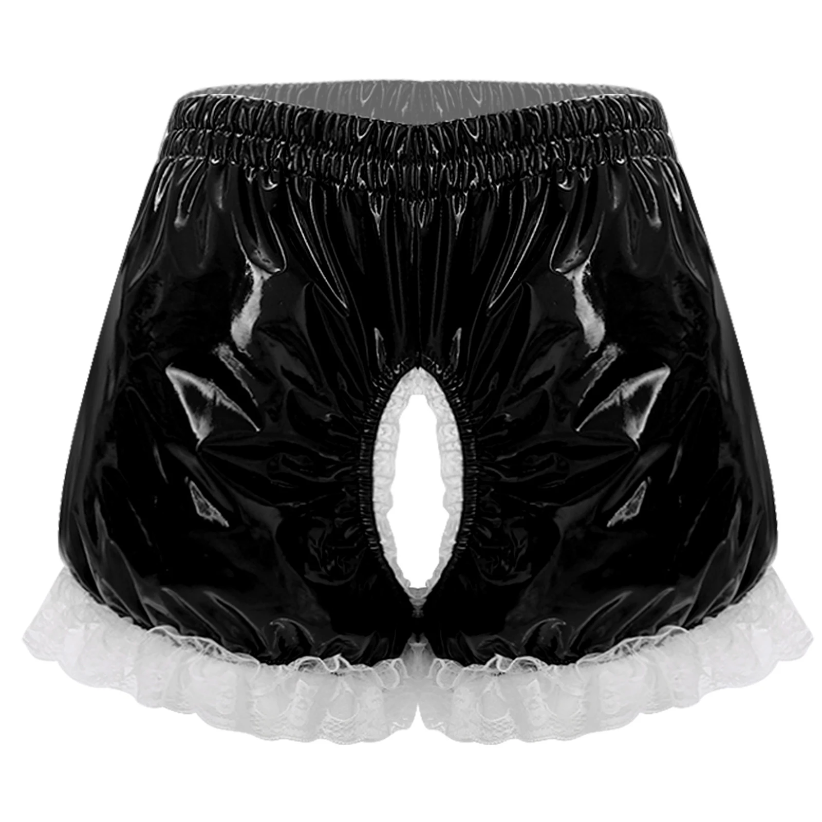 

Womens Lingerie Wet Look Open Crotch Underwear Glossy PU Crotchless Shorts Leg Floral Lace Trim Elastic Waistband Bloomers