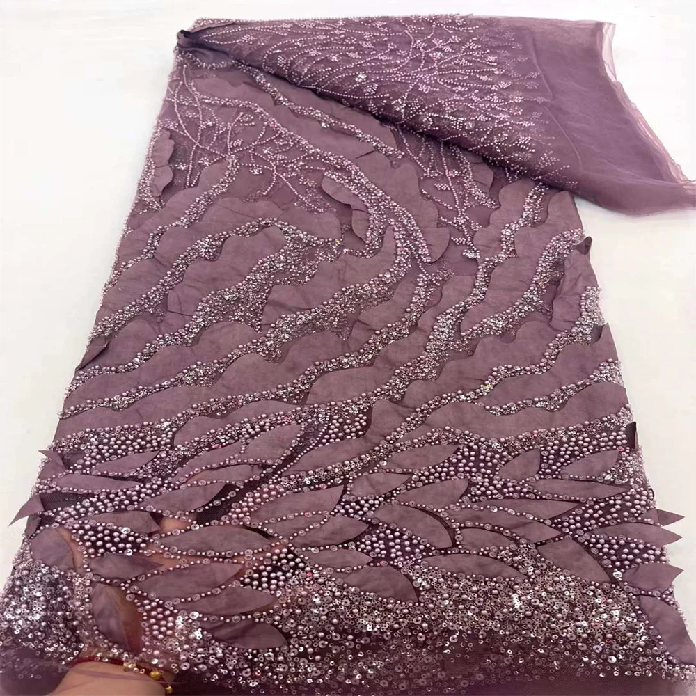 High Quality 3D African Lace Fabric 2024 French Net Sequins Fabric Sewing Dress Embroidery Beads Lace Tulle Nigerian Lace Fabric