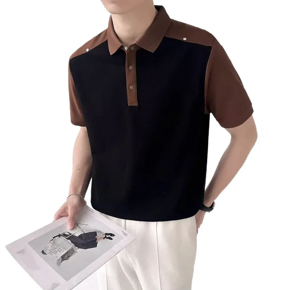 Summer American New Fashion Men's Contrast Color Turn-down Collar Short Sleeve Simple Casual Trendy Polo Shirts Male Clothes