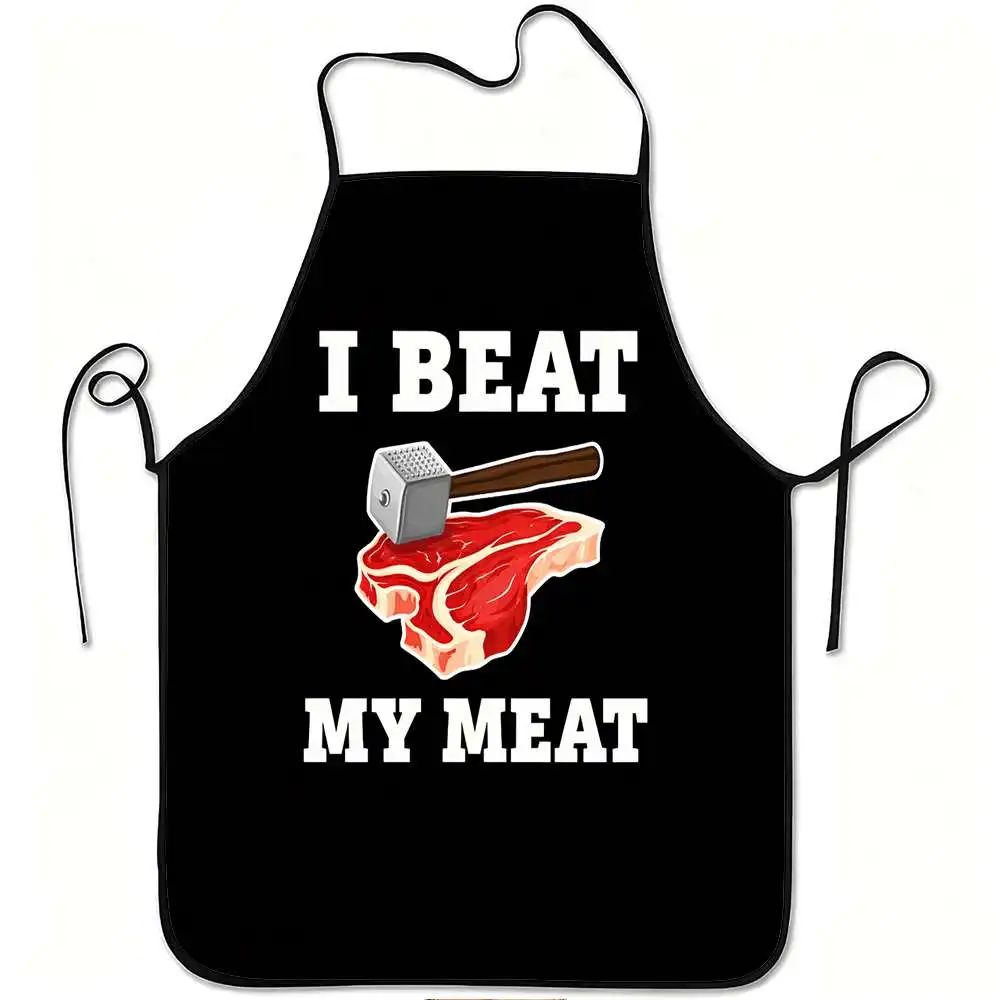 1pc 'I Beat My Meat' Funny Print Apron, Durable Polyester Material, Adjustable Waistband and Easy to Clean, for Kitchen Cooking,