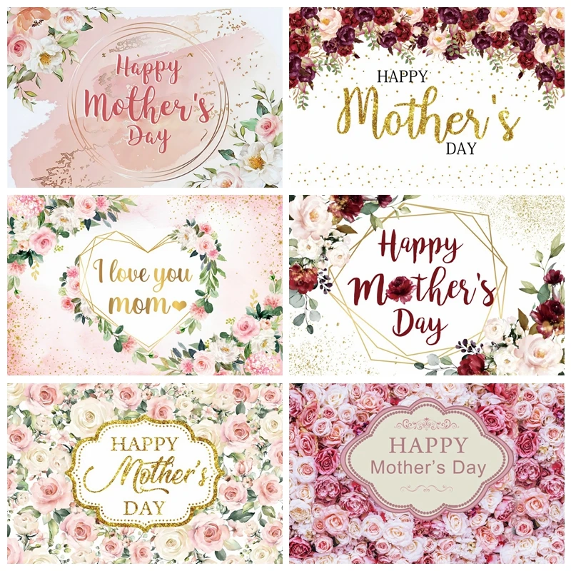 

Happy Mother's Day Photography Backdrop for Thanks Mother Party Pink Floral Flower Wooden Mom's Day Birthday Photo Backgrounds