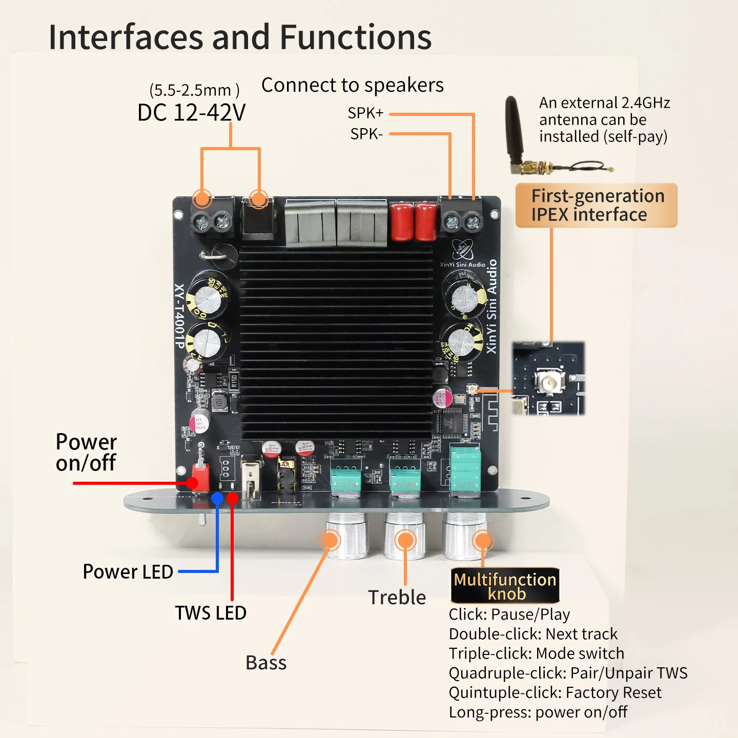 DC 12-42V XY-T4001P TWS Bluetooth Amplifier Board 400W High Power Output With TPA3223 Chip For Home Theater And Party Speakers