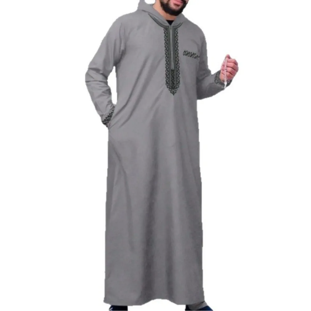 Uomini musulmani Abito lungo Jubba Thobe Ricamo Abaya con cappuccio Abito Dubai Caftano Ramadan Marocco 2025 Preghiera islamica saudita Dishdasha