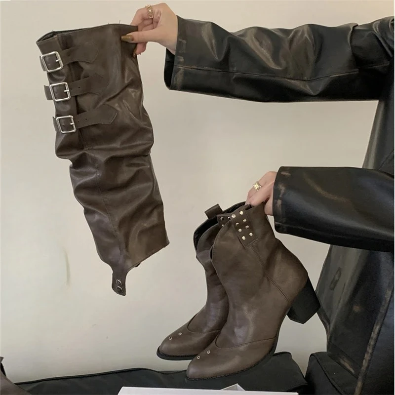 

Aneikeh/Женские сапоги до колена в стиле ретро с пуговицами, модная осенне-зимняя обувь на квадратном низком каблуке с острым носком