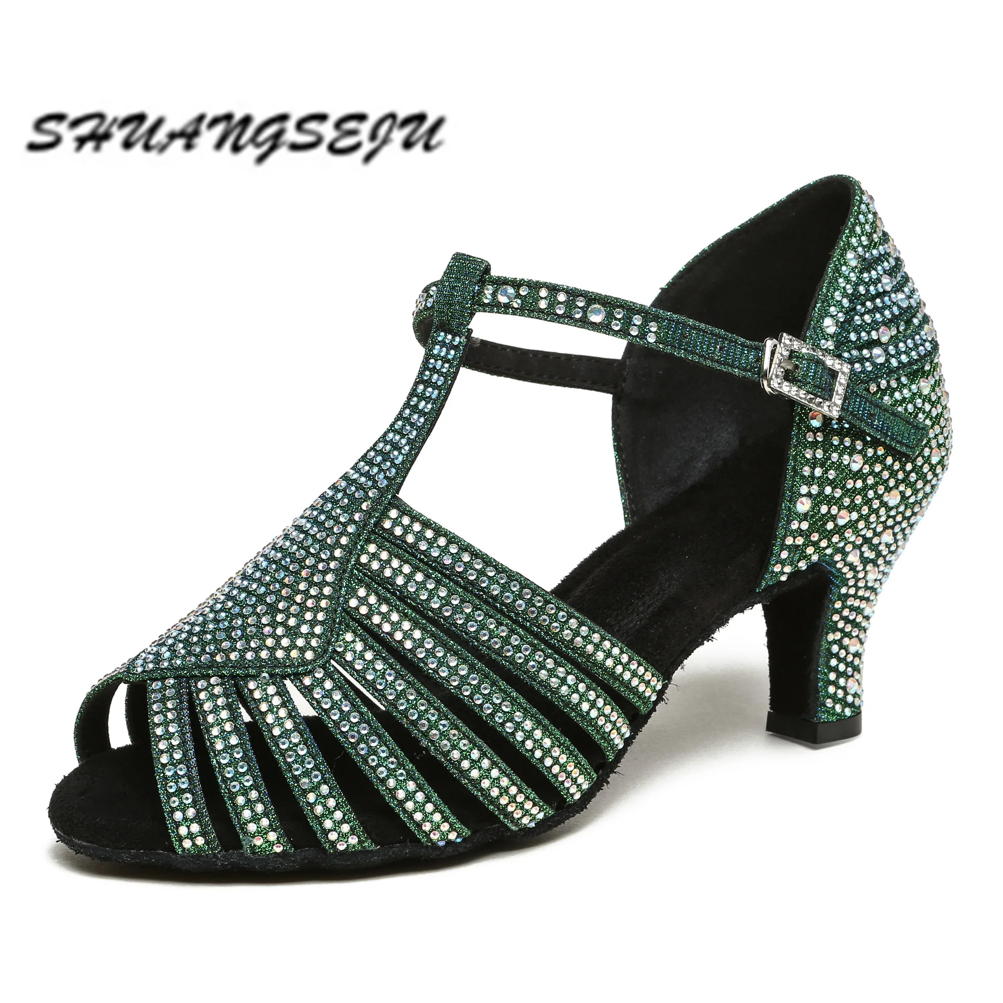 SHUANGSEJUNew zapatos de baile latino para adultos, zapatos de baile Salsa Cha para mujer, zapatos de cristal brillantes de moda verde, zapato de rendimiento Bachata