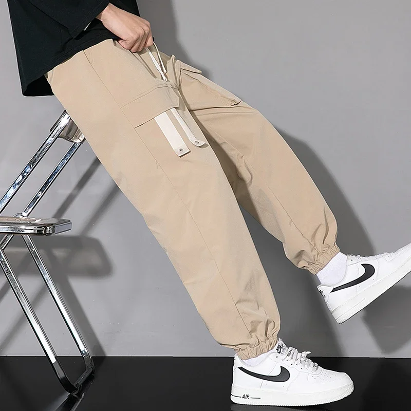 

Широкие повседневные эластичные брюки с высокой талией, весенне-осенние прямые брюки, быстросохнущие мужские однотонные мужские новые свободные модные спортивные штаны