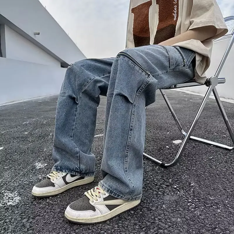 Jeans baggy déchirés pour hommes, pantalons en denim, pantalons taille élastique, streetwear hip hop, sarouel, longueur de rinçage, bleu, noir, décontracté, fjHarajuku