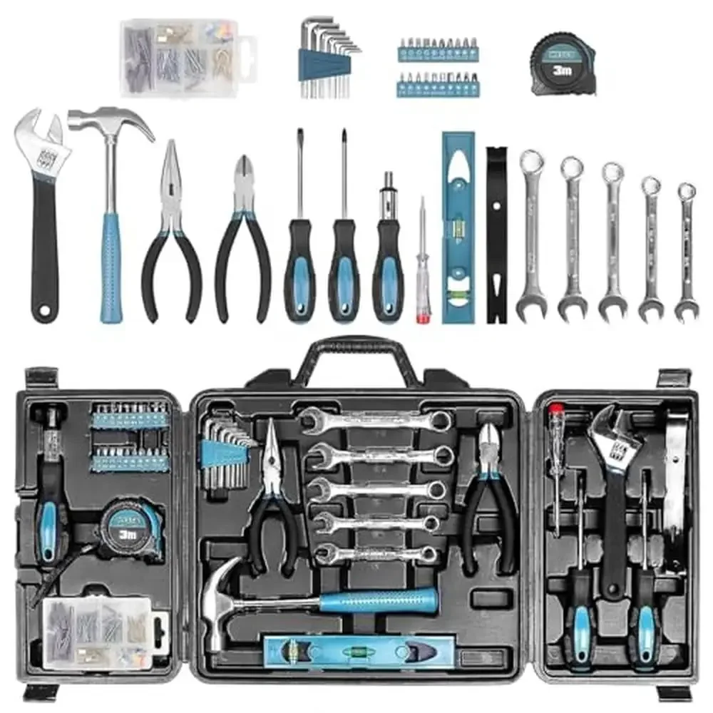 

144 Piece Professional Home Tool Set with Storage Box Hammer Pliers Wrenches Voltage Tester Repair Maintenance Tool Kit with 100