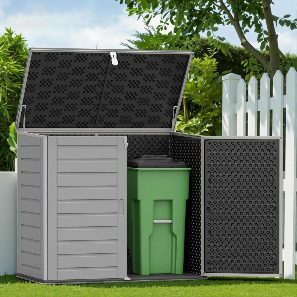 

Outdoor Storage Shed 4.6 x 4.1 Feet, 304 Gallon Capacity, Resin Material with Lockable Doors and Lift Lid, Waterproof for Garden