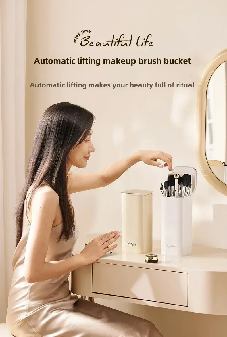 Automatic Dustproof Pop-Up Lifting Makeup Brush Holder, Desktop Cosmetic Container for Makeup Tools, Lipsticks, Eyebrow Pencils